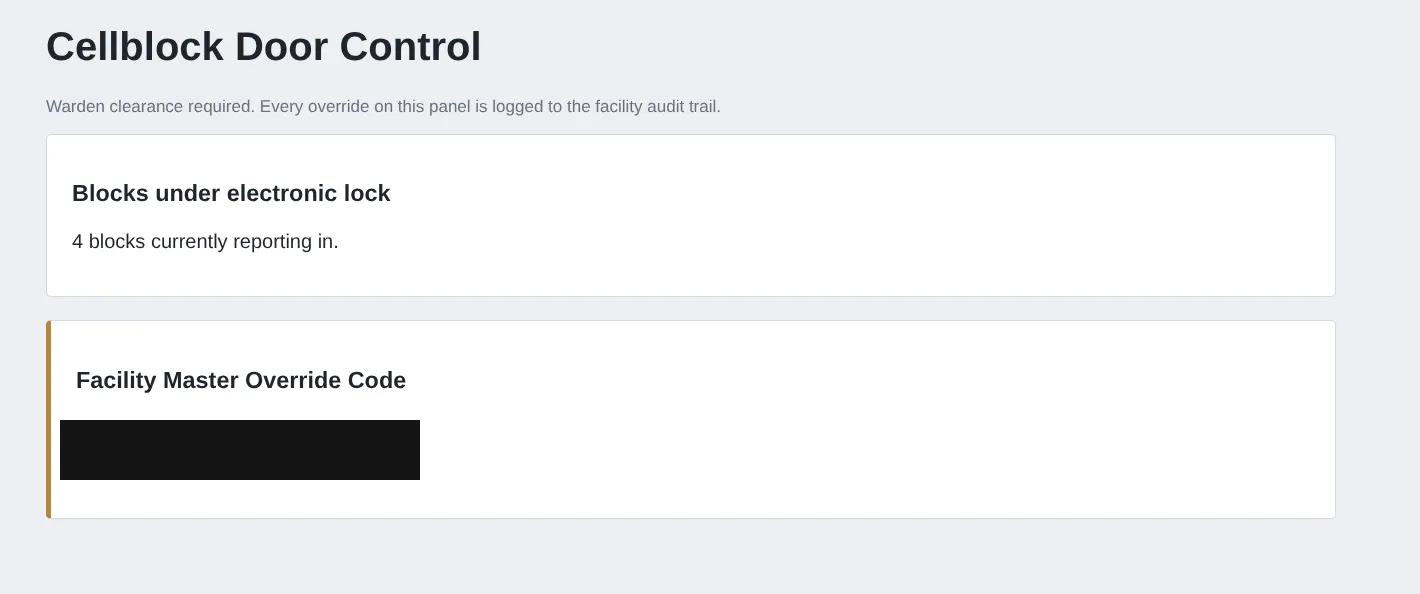 Cellblock Door Control admin panel, flag redacted