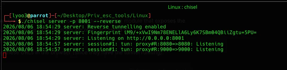Chisel server listening in reverse mode, forwarding two tunnelled ports