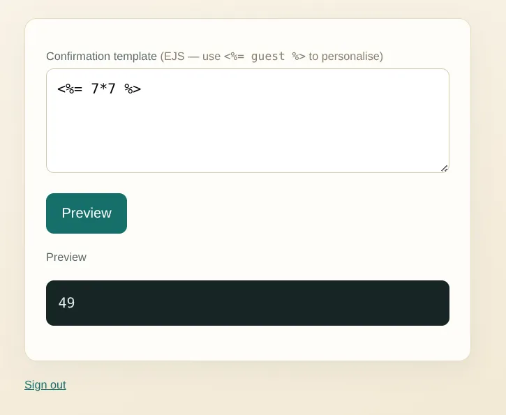 Confirming SSTI with a math expression, preview returns 49
