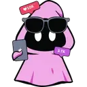 Pink ghost mascot wearing sunglasses and holding a phone