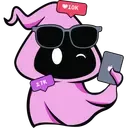 Pink ghost mascot wearing sunglasses and holding a phone