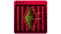 Stylized illustration of a cracked jail-cell window revealing binary and HTML tags behind the bars