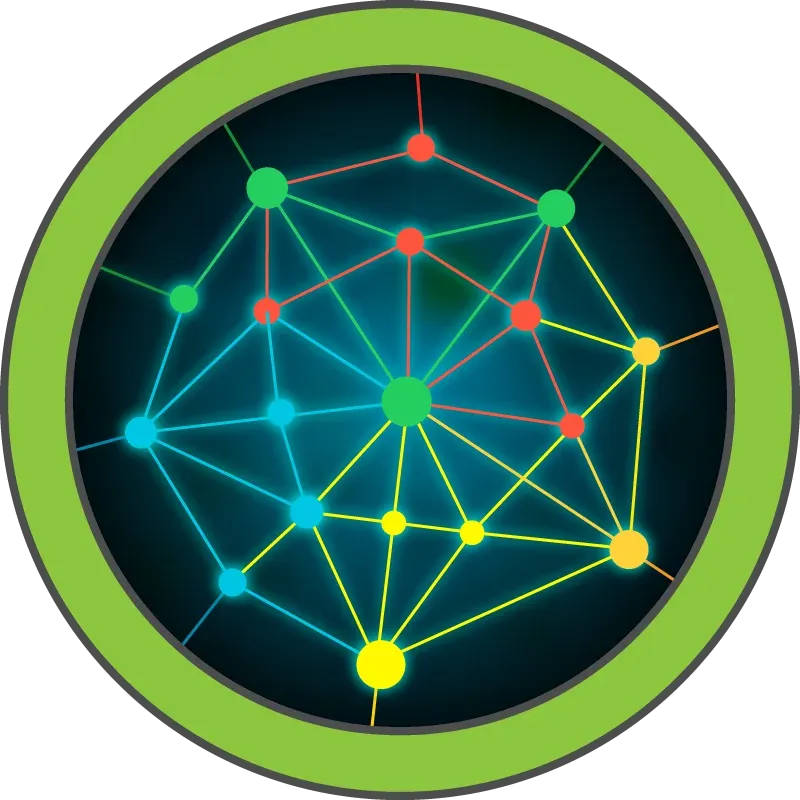 Glowing network graph of connected nodes inside a green ring badge