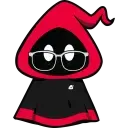 Red hooded mascot wearing glasses