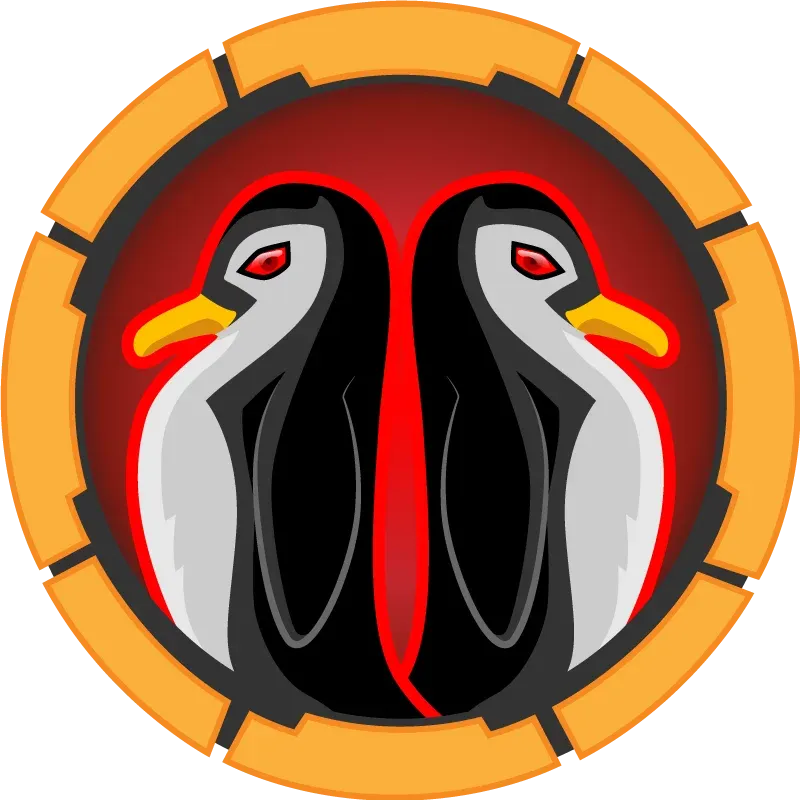 Two-headed penguin illustration inside an orange ring badge