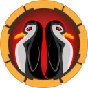 Two-headed penguin illustration inside an orange ring badge