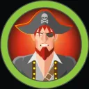 Cartoon pirate face inside a green ring badge