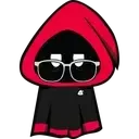 Red hooded mascot wearing glasses