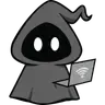 Grey hooded mascot holding a laptop with a wifi signal icon