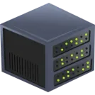 Stylized illustration of a server rack with a green binary pattern on its drive bays