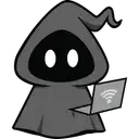 Grey hooded ghost mascot holding a laptop with a wifi signal icon