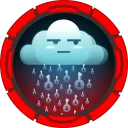 Cloud character raining padlock-key icons inside a red ring badge