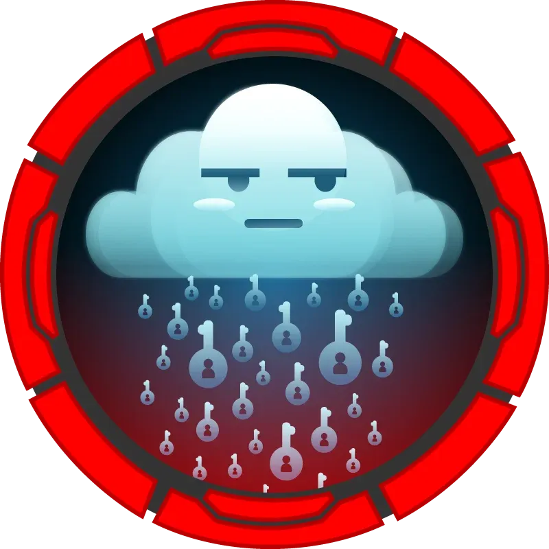 Cloud character raining padlock-key icons inside a red ring badge