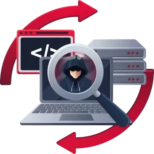 Stylized illustration of a hooded figure on a laptop screen, magnified, next to server racks