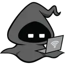 Grey hooded mascot holding a laptop with a wifi signal icon
