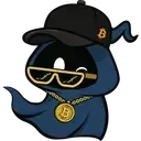 Dark blue hooded mascot wearing sunglasses and a gold Bitcoin chain
