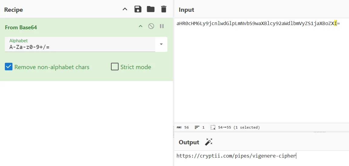 CyberChef decoding the second string to a Vigenère cipher link