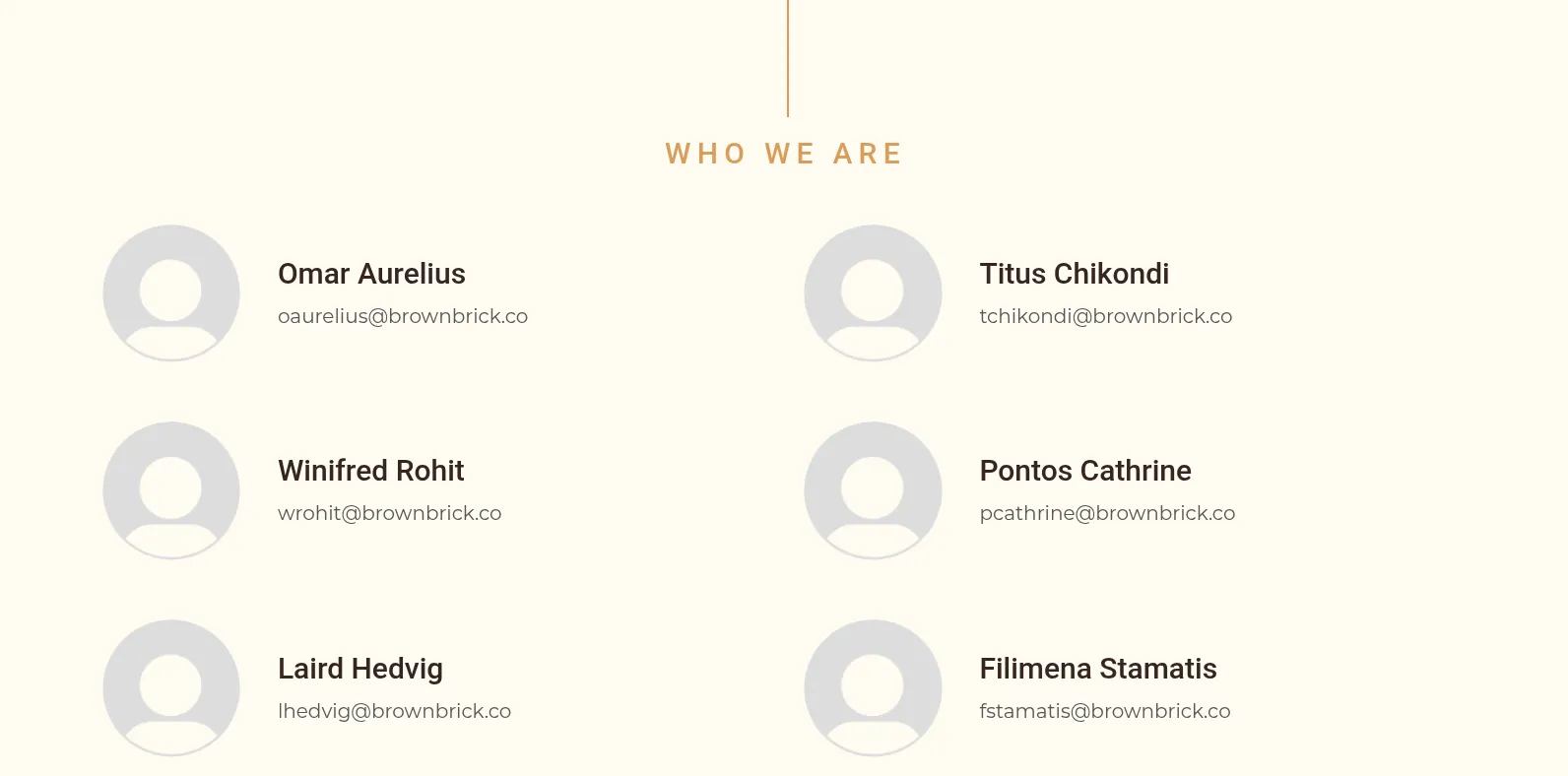 Team page on brownbrick.co listing employee names and emails