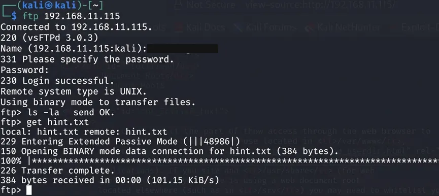 FTP directory listing, downloading hint.txt