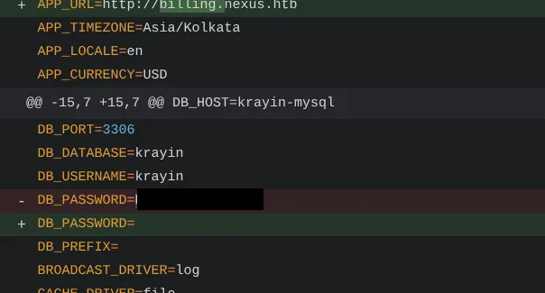 Git diff between commits showing DB_PASSWORD present in the old commit and removed in the new one, value redacted