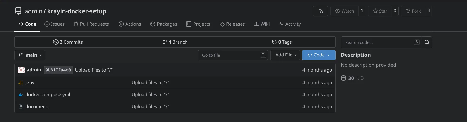 Gitea admin panel showing a single visible repository, krayin-docker-setup