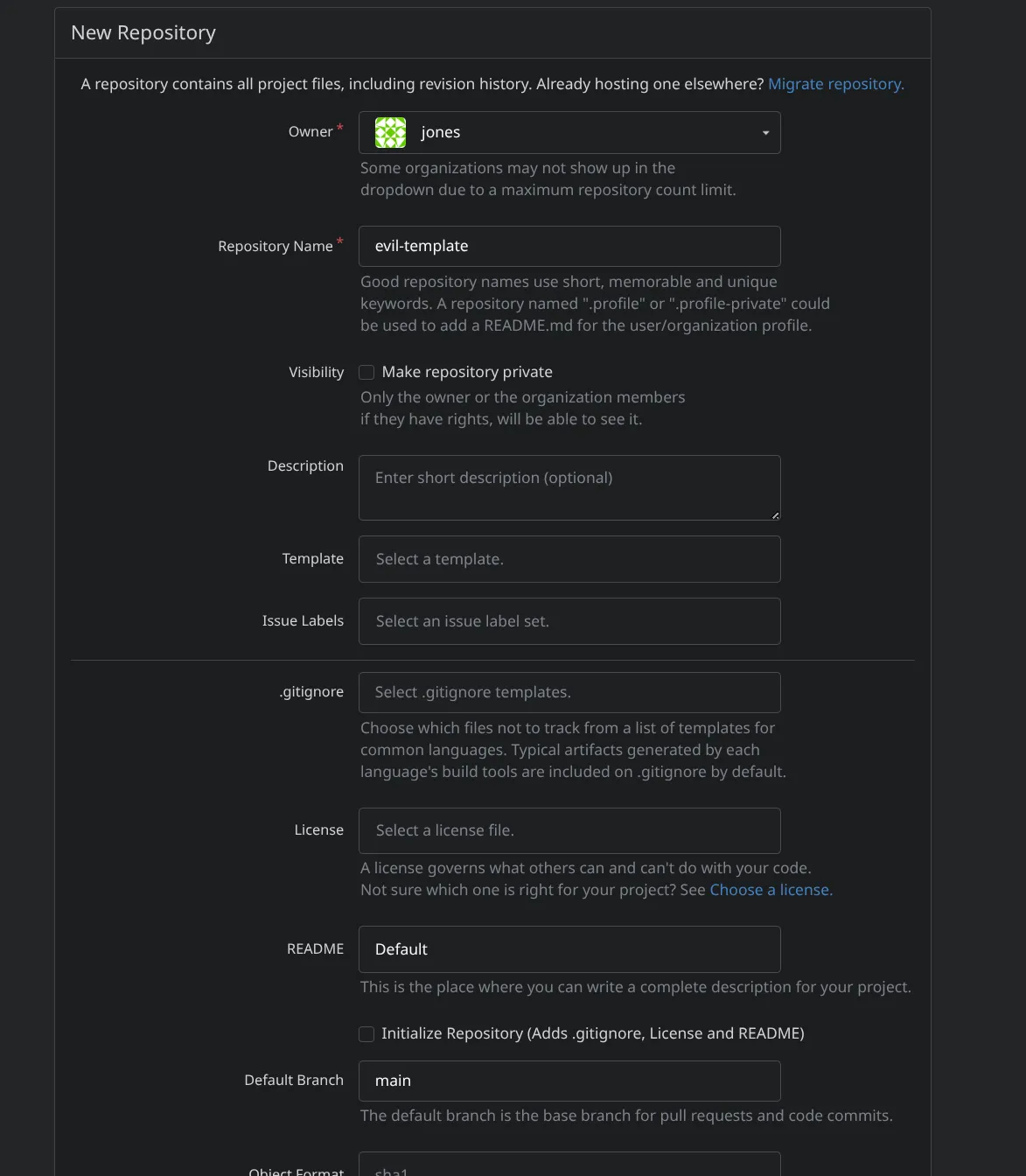 Gitea "New Repository" form, owner jones, name evil-template