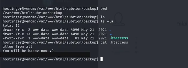 .htaccess backup file revealing a plaintext password, redacted