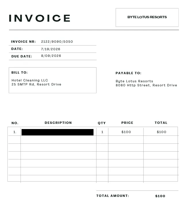Extracted invoice image with the flag written into a line-item description, redacted