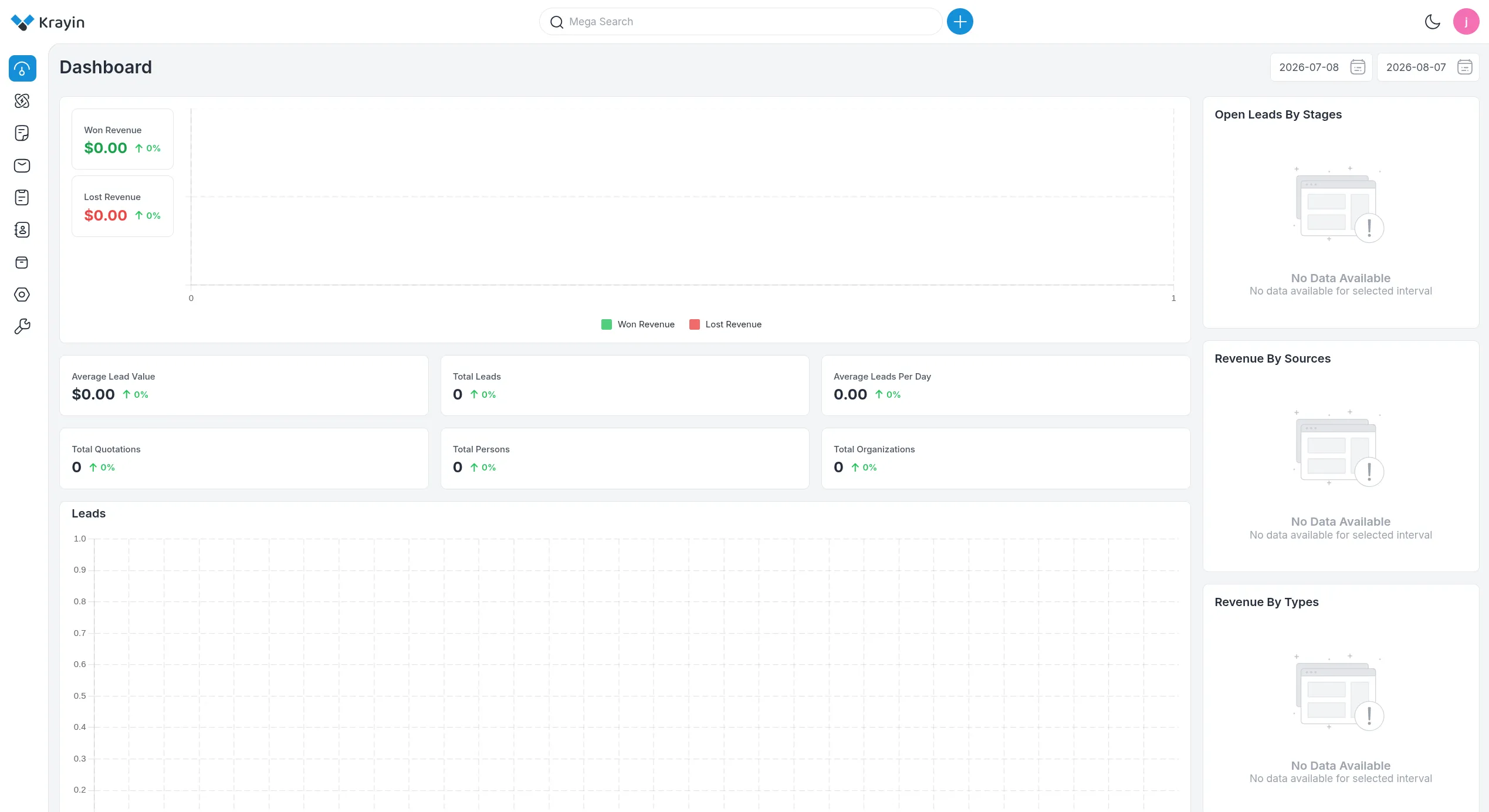 Successful login to the Krayin CRM dashboard