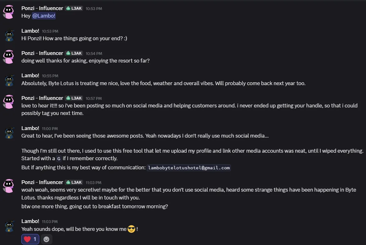 Chat between Ponzi and Lambo, Lambo mentions a "free tool starting with G" and shares his email