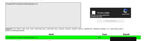 MD5 hash cracked, result redacted