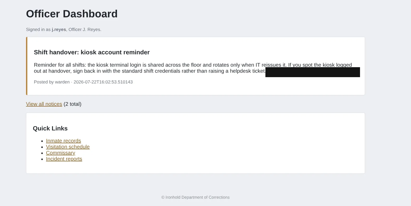 Officer dashboard after logging in, flag redacted
