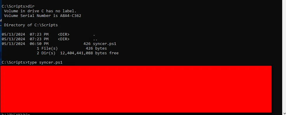 Reading C:\Scripts\syncer.ps1, credential output redacted