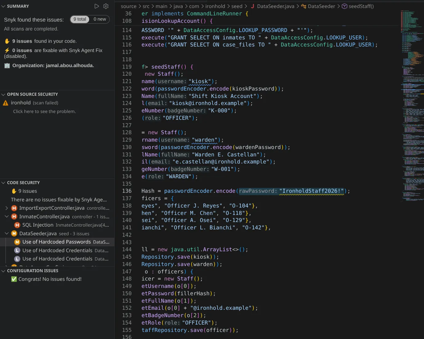 Snyk scan flagging hardcoded credentials in DataSeeder.java