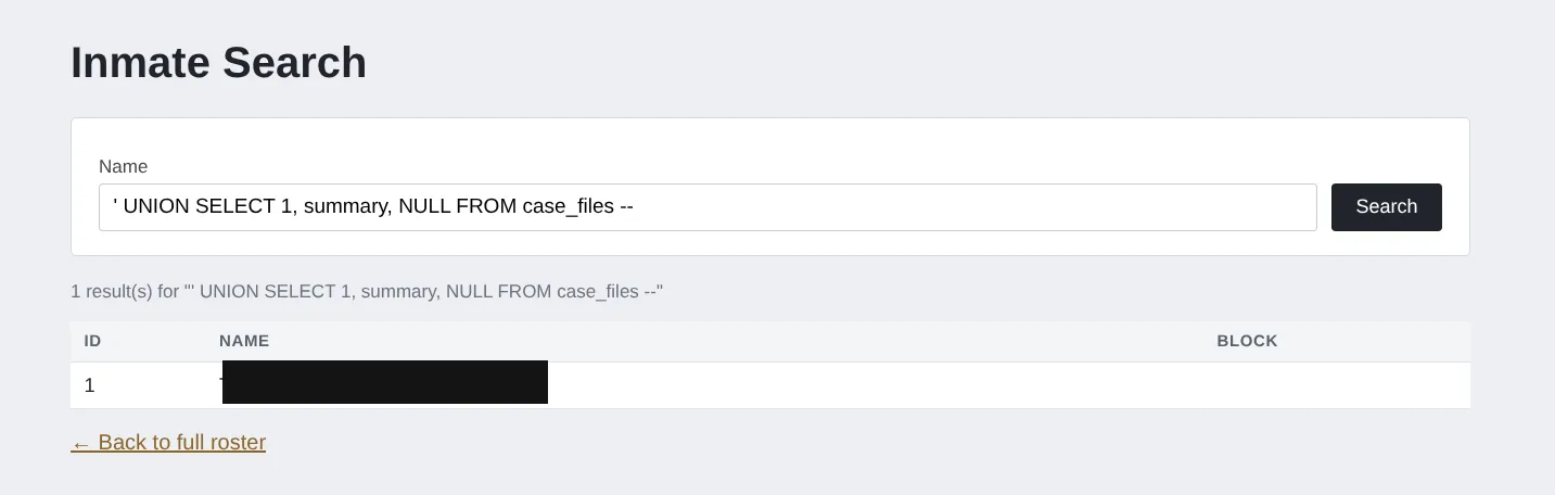 SQL injection result returning flag 2, redacted