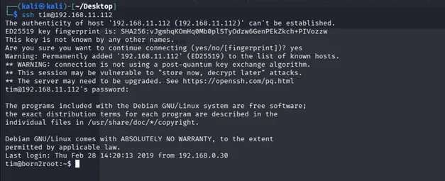 SSH login as tim using the discovered credentials