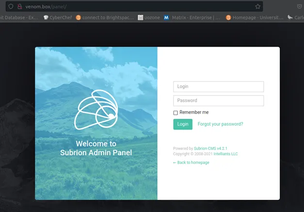 Subrion admin panel login page
