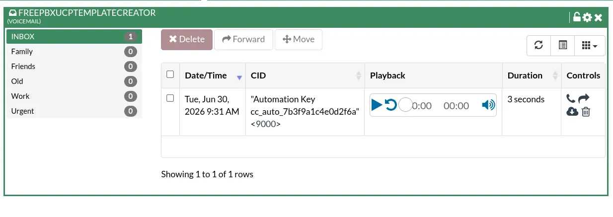 FreePBX UCP voicemail inbox with the automation key hidden in the Caller ID field