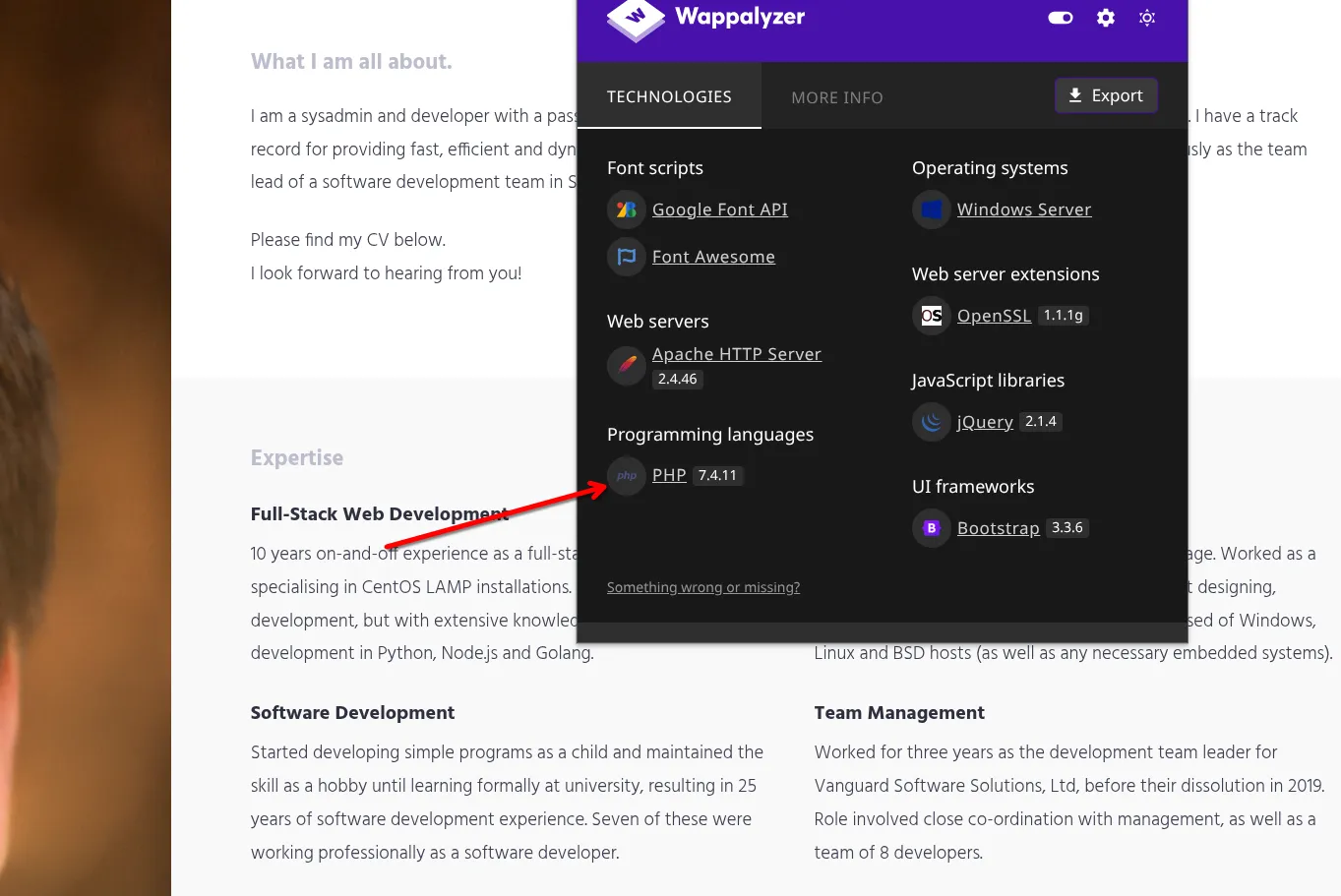 Wappalyzer confirming PHP 7.4.11 on the internal dev site